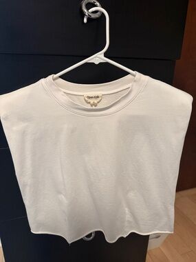 Open Edit White Cropped Sweatshirt Tank with shoulder pads